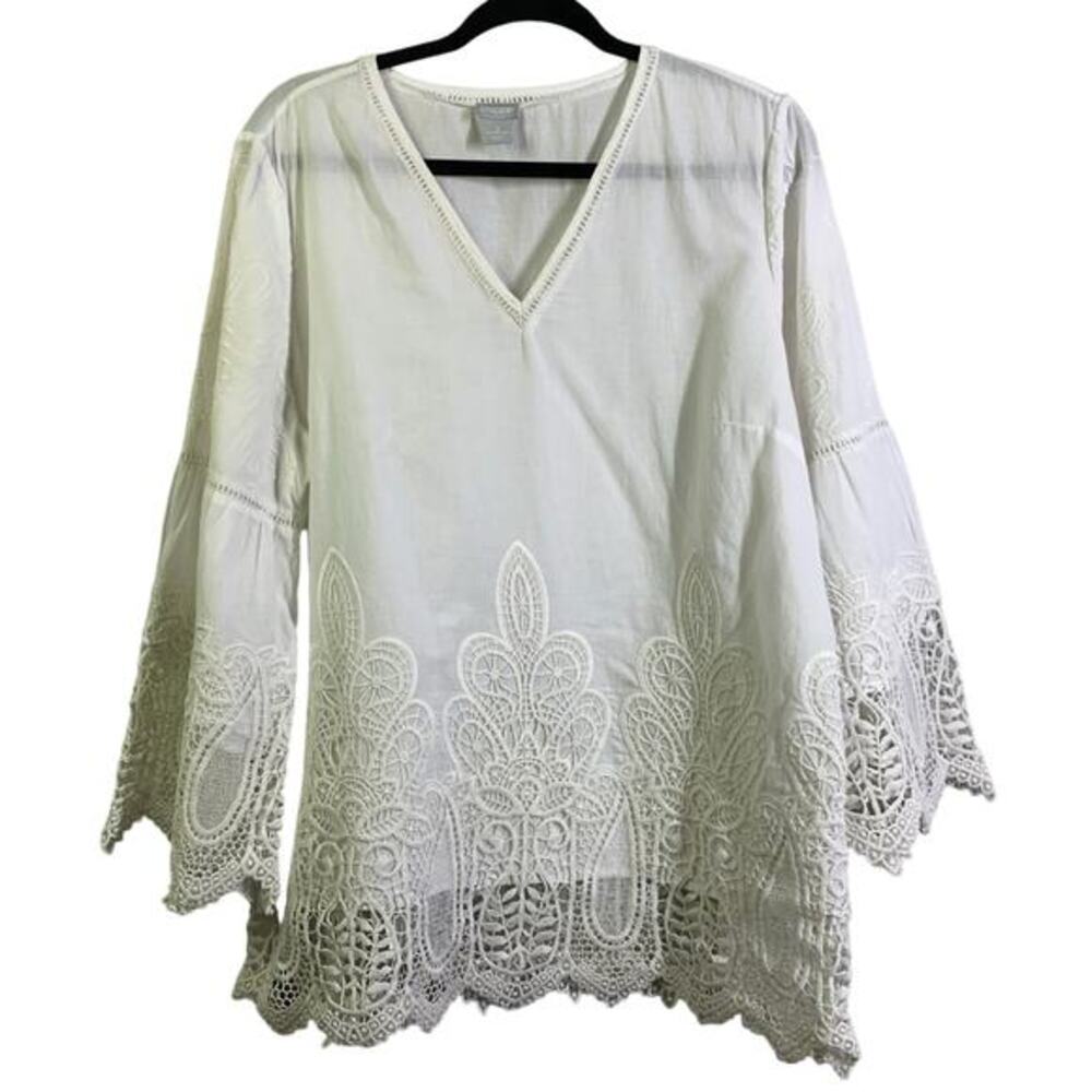 CHICO'S Blouse Embroidered‎ Lace Cutout V-Neck Quarter Sleeve Boho Cottagecore - Picture 3 of 14